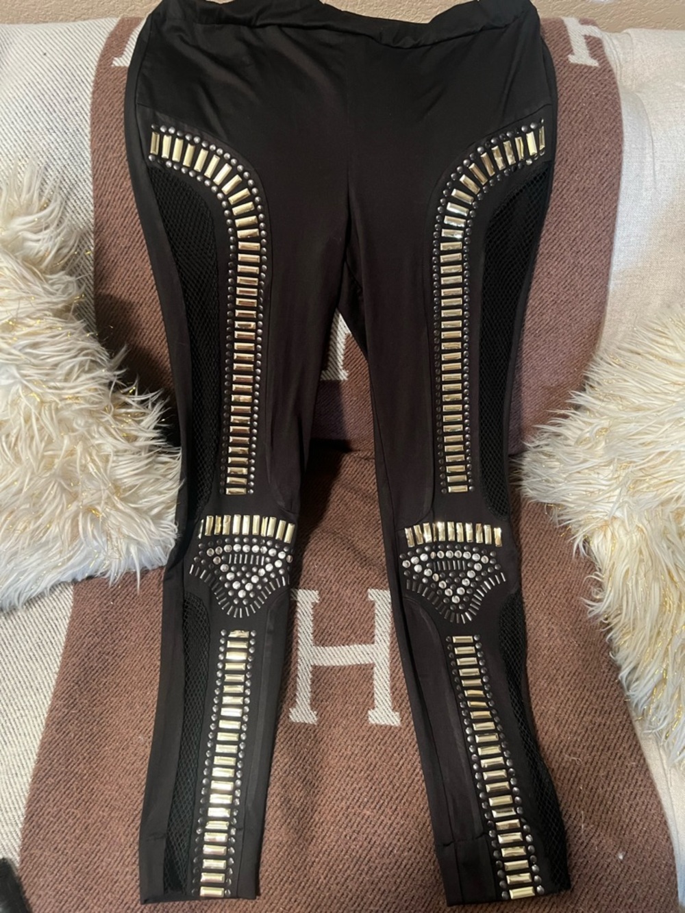 Embellished Black Leggings with Gold Stud Detailing
